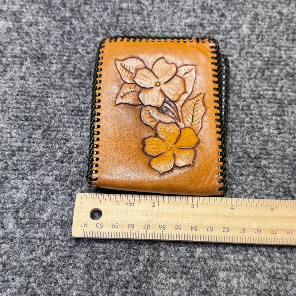 Unbranded Tooled Leather Wallet Mens OS Tan Floral Western Cowboy Bifold Boho